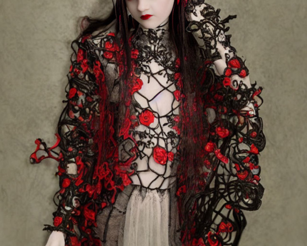 Gothic figure in black and red floral attire against muted backdrop