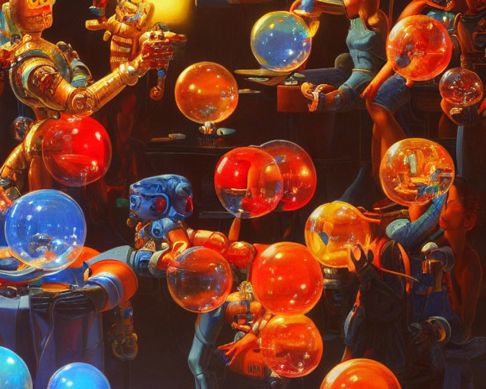 Colorful futuristic artwork: robots and humans in vibrant interaction.