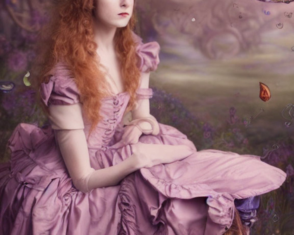 Whimsical portrait of a woman in lavender Victorian attire with floating teacups in dreamy purple