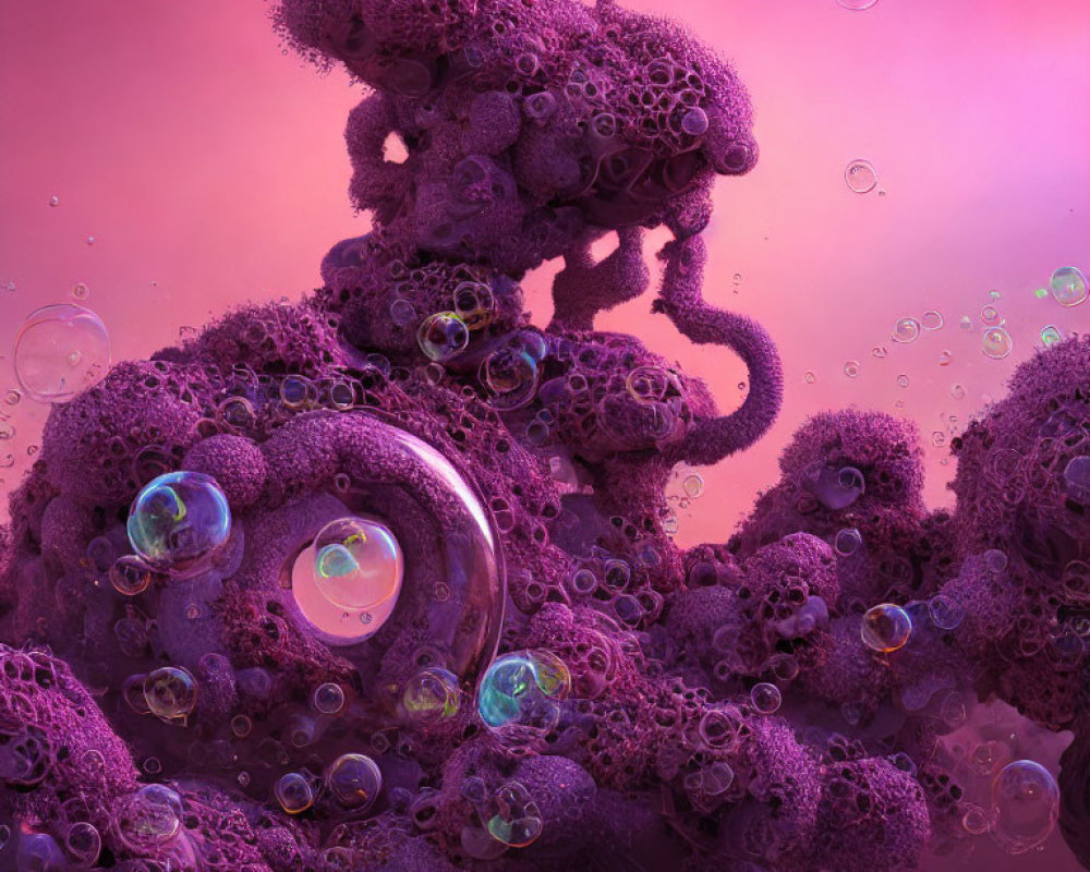 Swirling purple coral structures with iridescent bubbles on pink background