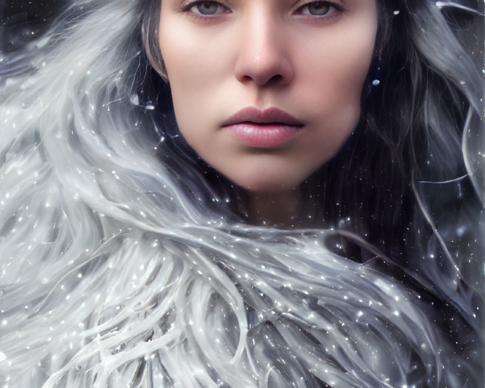 Contemplative woman in white fur-like garment under falling snow