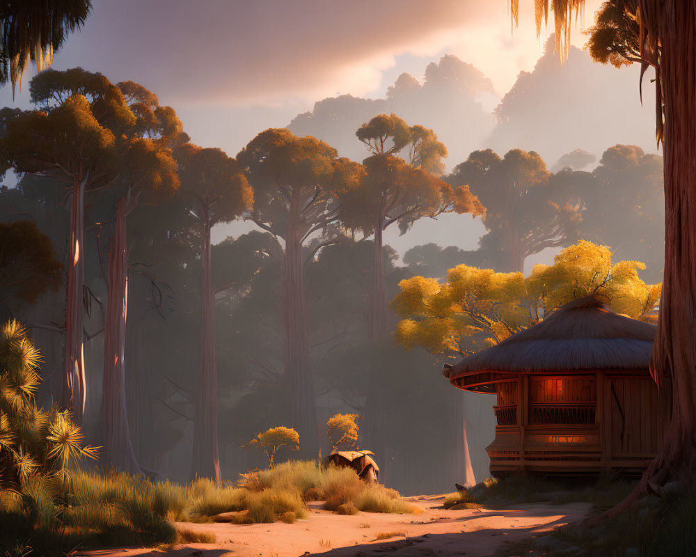 Sunrise forest scene with tall trees, thatched hut, and golden light.