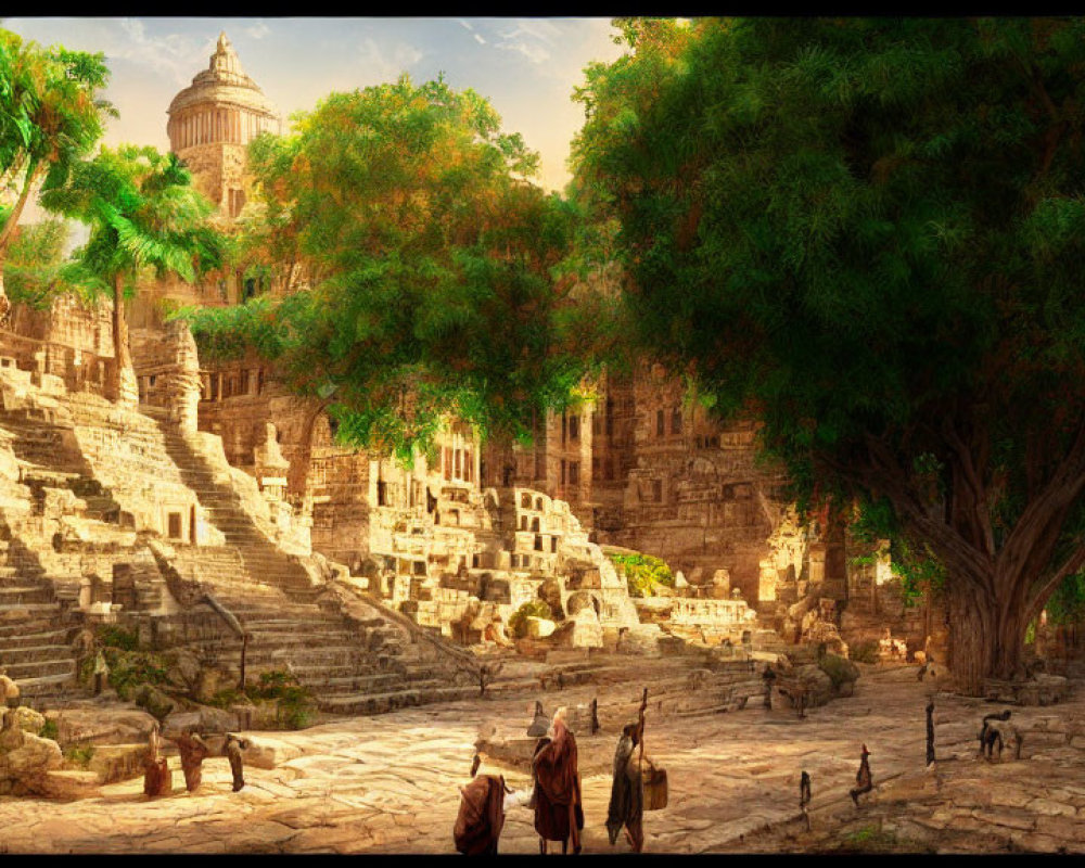 Sunlit stone city with grand staircases, lush trees, figures in robes, and animals amidst ruins