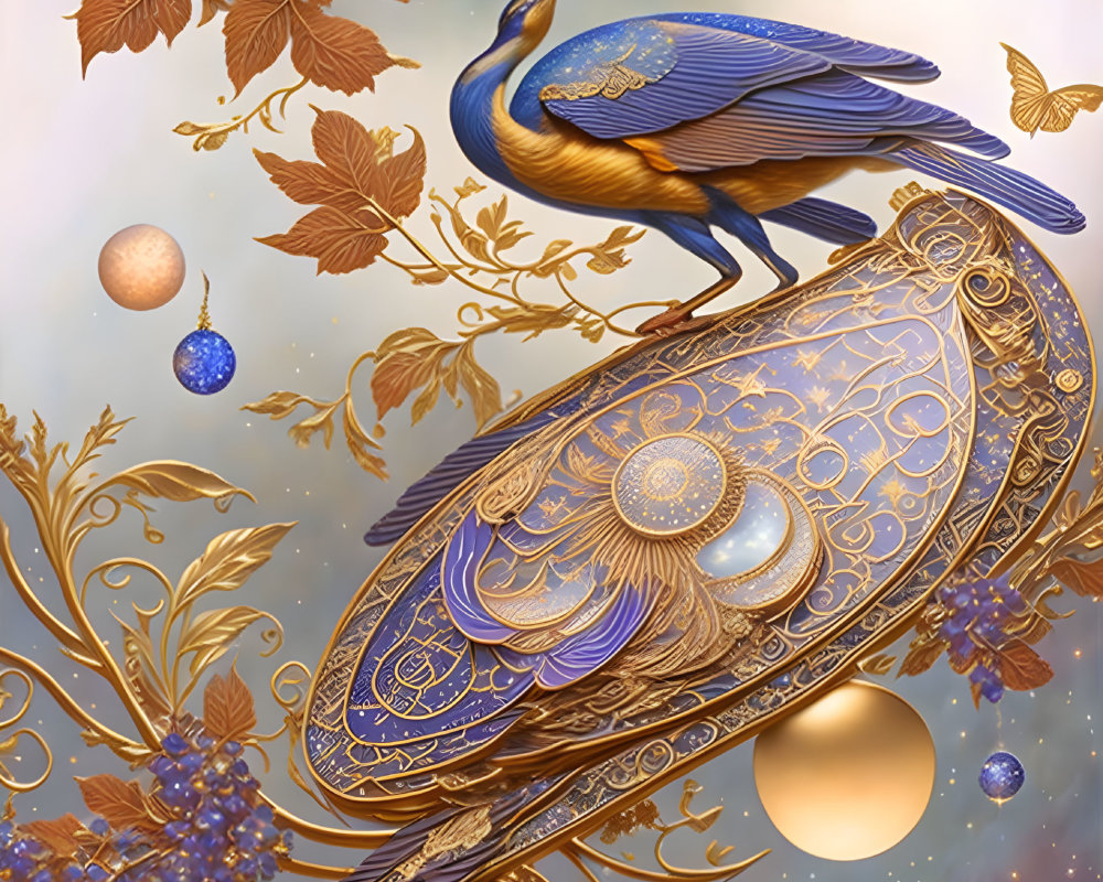 Blue bird on celestial clock with golden leaves and stars in dreamy sky