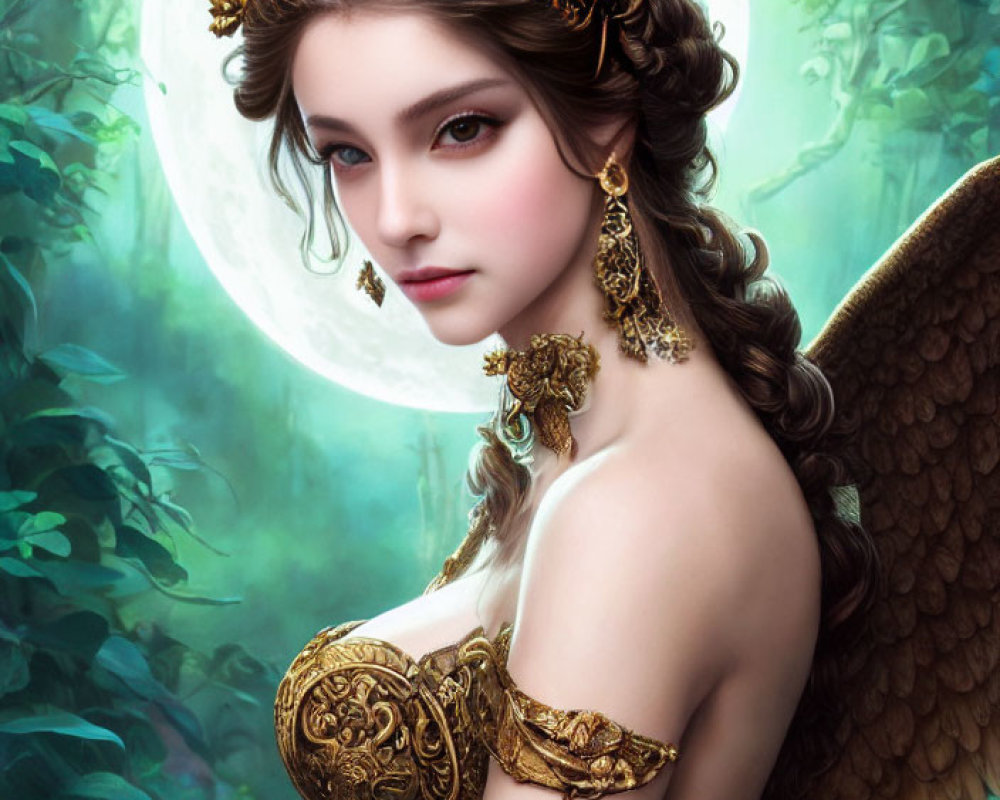 Golden tiara, ornate jewelry, feathered wings young woman in mystical forest