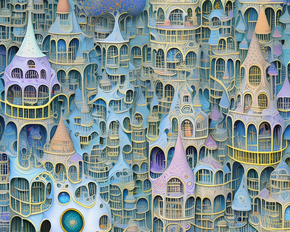 Surreal fantasy cityscape with whimsical architecture & celestial orbs