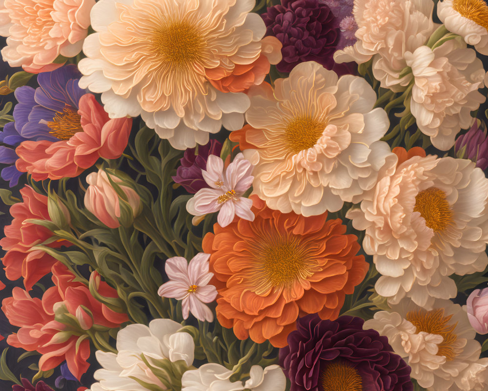 Colorful Floral Painting of White, Orange, and Purple Peonies