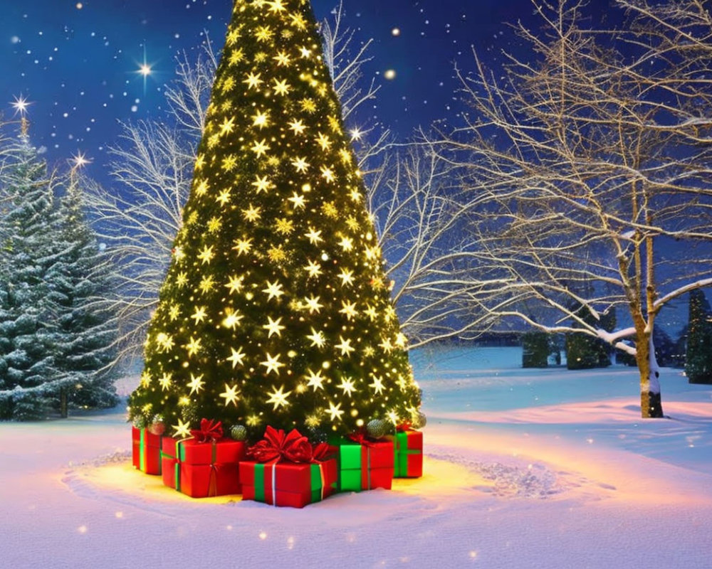 Brightly Lit Christmas Tree with Star-Shaped Lights in Snowy Night