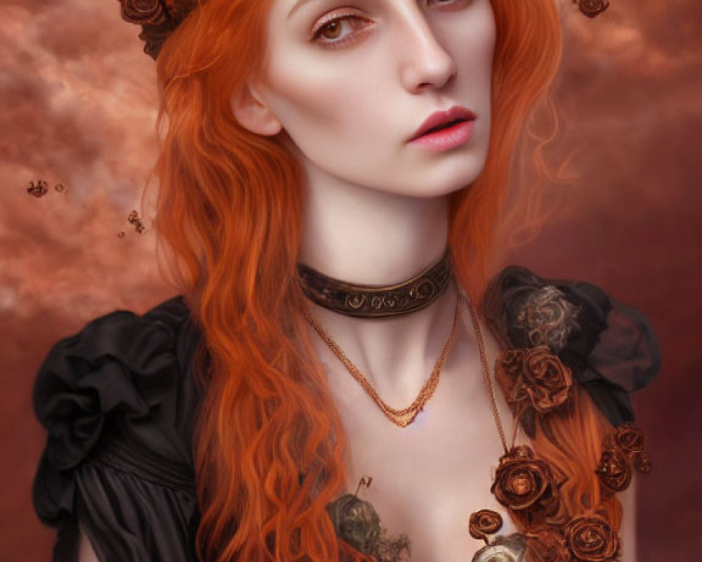 Portrait of Woman with Red Hair, Clockwork Headdress and Bee Necklace