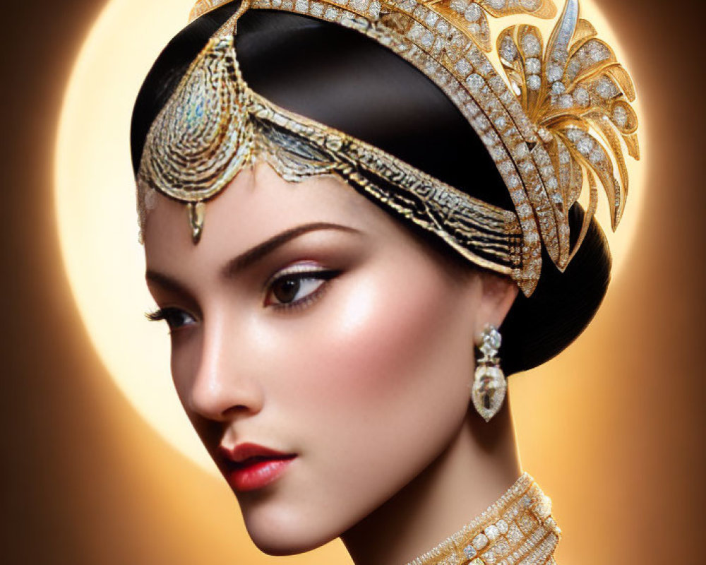 Elegant woman in golden headdress and jewelry on warm backdrop