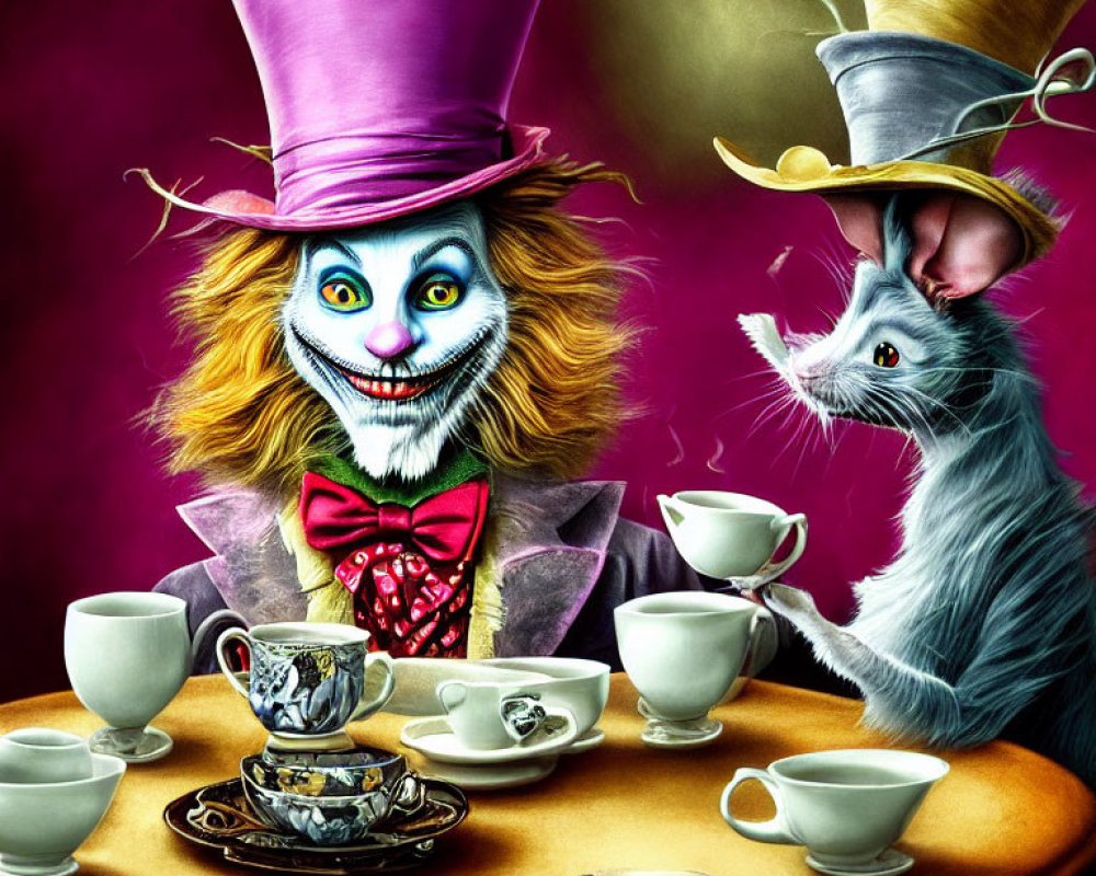 Whimsical Cheshire Cat in Pink Top Hat & Mad Hatter Outfit Tea Party