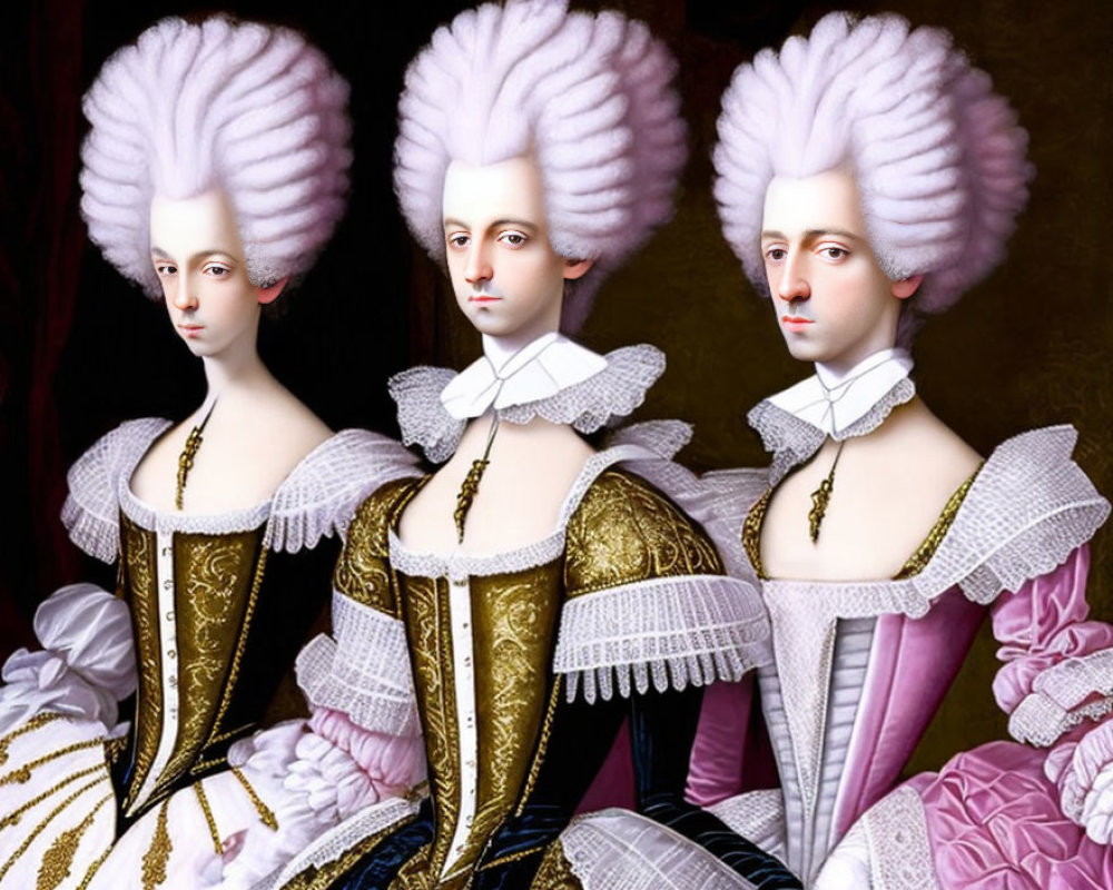 Three individuals in elaborate 18th-century attire with white powdered wigs and ruffled collars