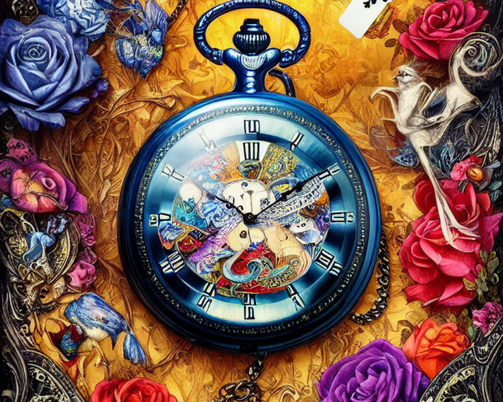 Skeletal design pocket watch with blue and red roses on golden background