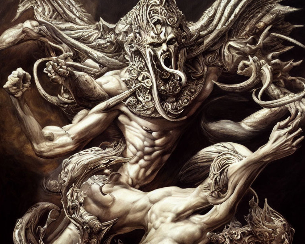 Detailed Artwork: Muscular Figure with Dragon Mask & Serpentine Arms