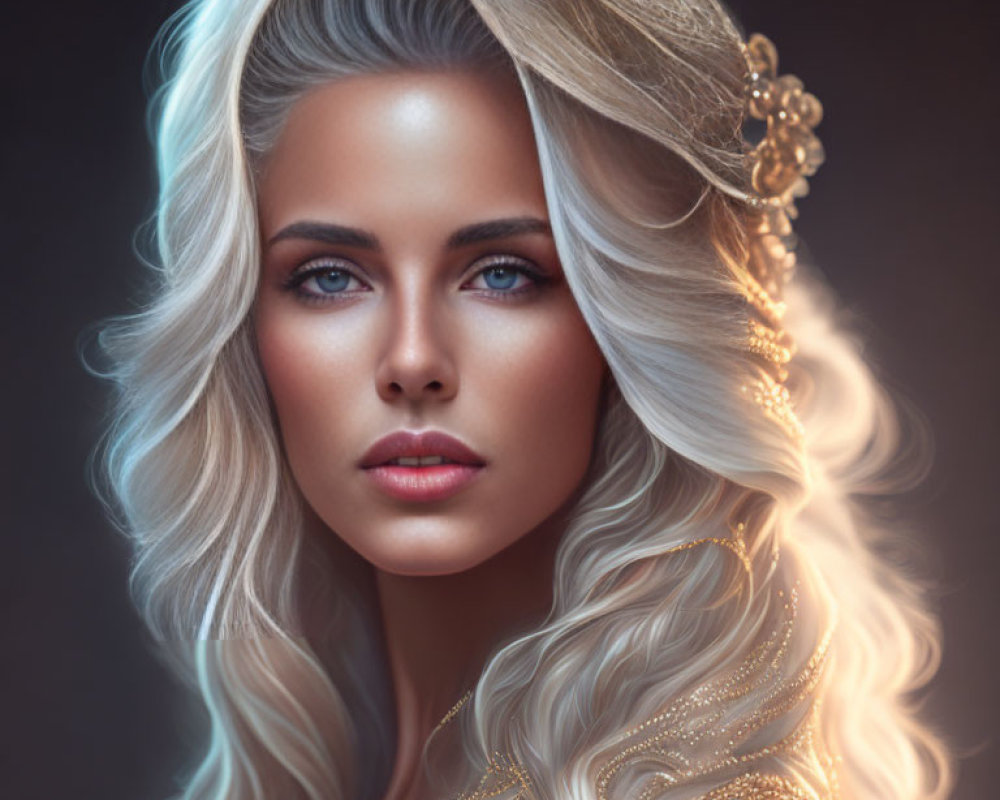 Blonde woman with blue eyes and golden crown in digital portrait