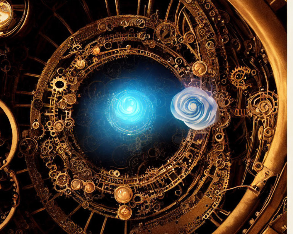 Steampunk mechanism with gears and energy vortex on dark background