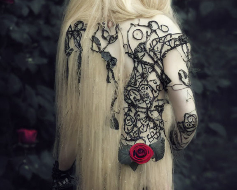 Blonde person with black designs holding a red rose in misty setting