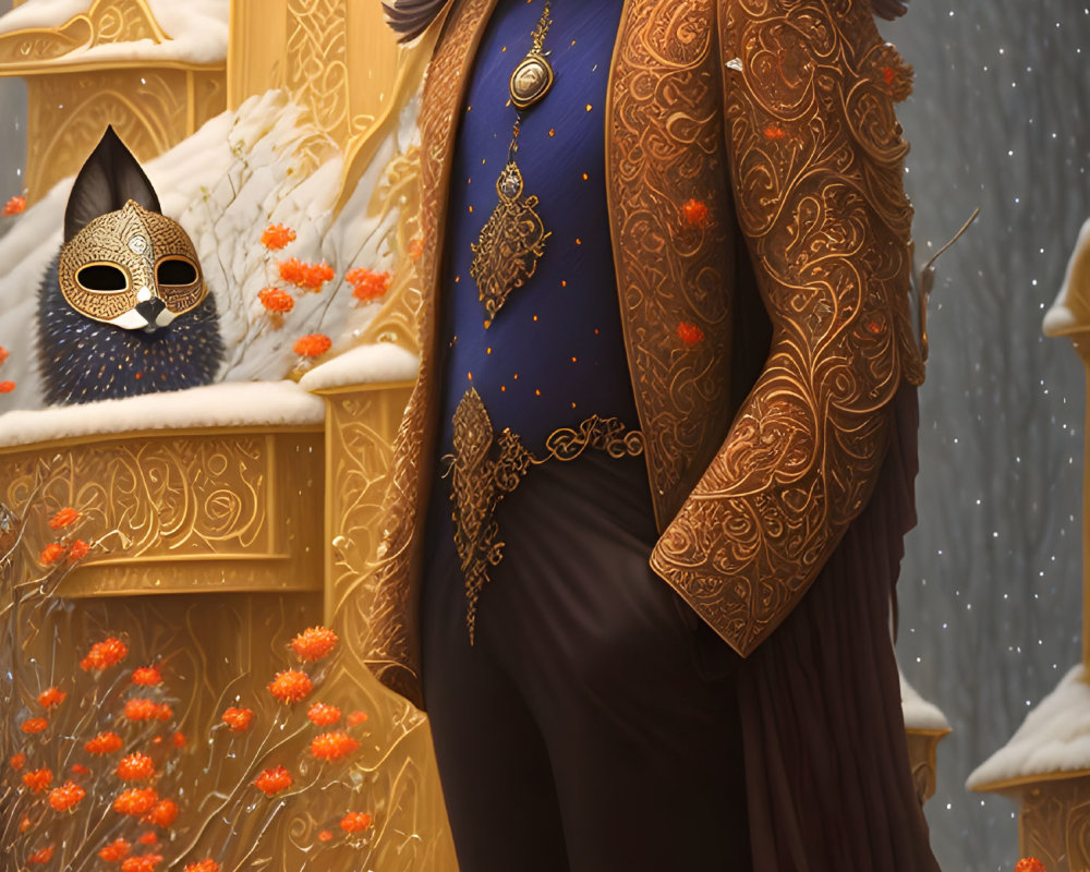 Person in Cat-like Mask in Ornate Attire by Golden Door with Snowflakes and Orange Flowers