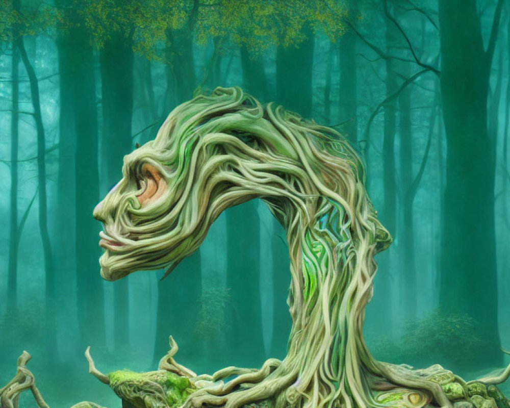 Surreal artwork of tree trunk transforming into human profile in green forest