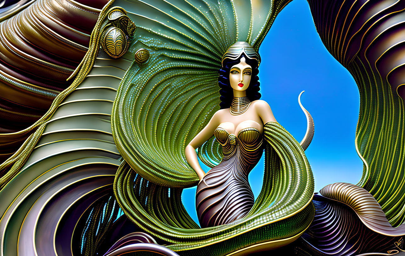 Fantastical image of woman with serpent's tail in surreal metallic landscape