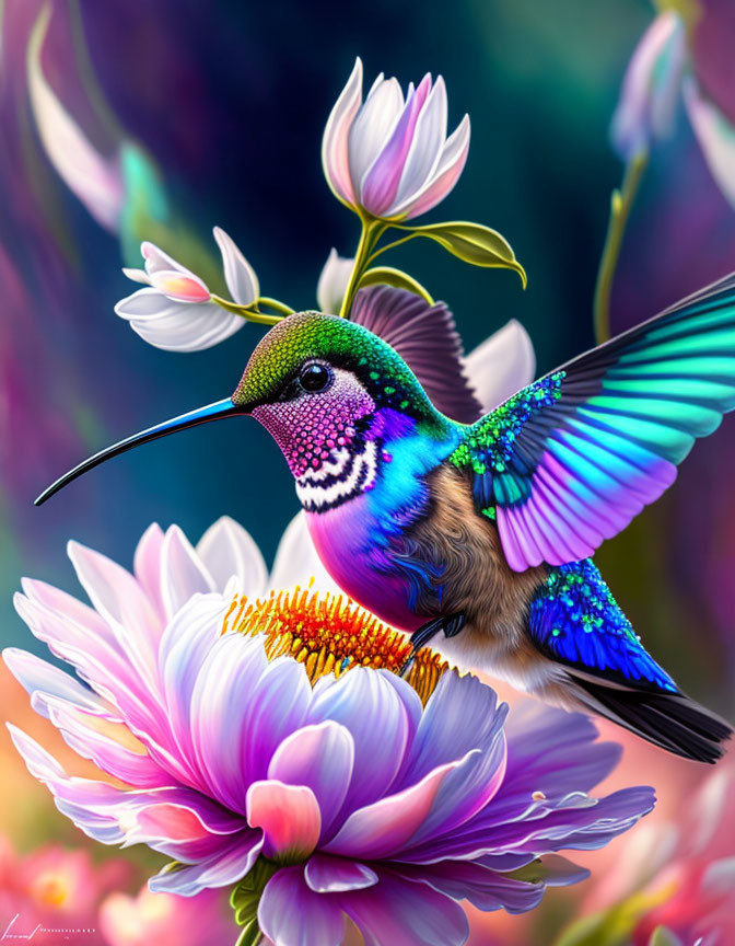 Colorful Hummingbird Feeding on Pink and Purple Flowers