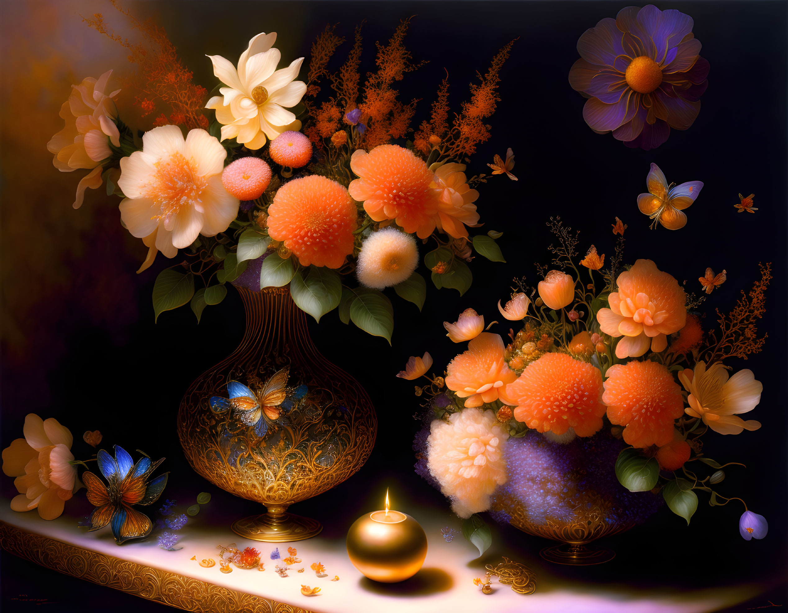 Vibrant floral and butterfly still life with golden vase