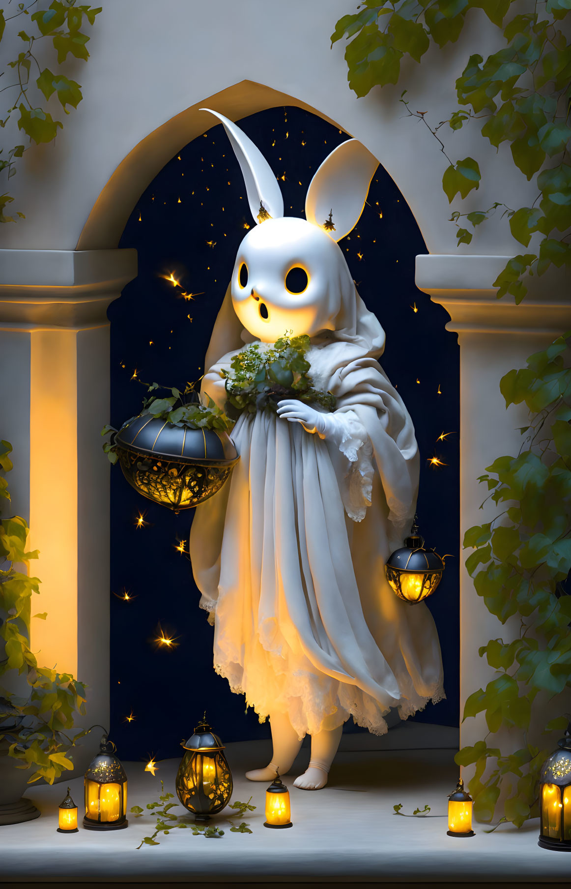 Mysterious Figure in White Robe with Rabbit Mask and Lantern under Starry Archway