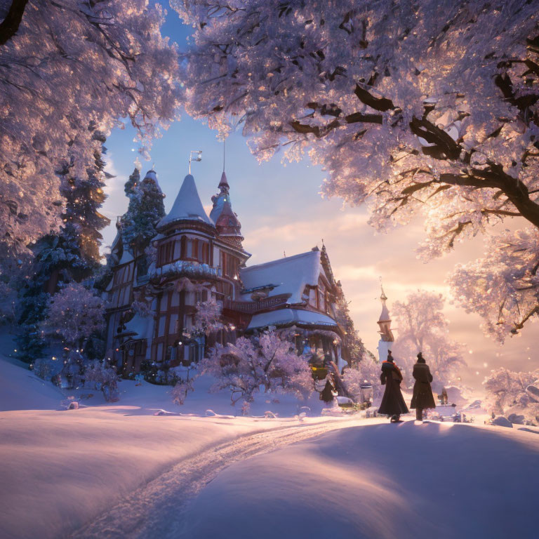 Victorian House with Towers in Snowy Landscape and Cherry Blossoms