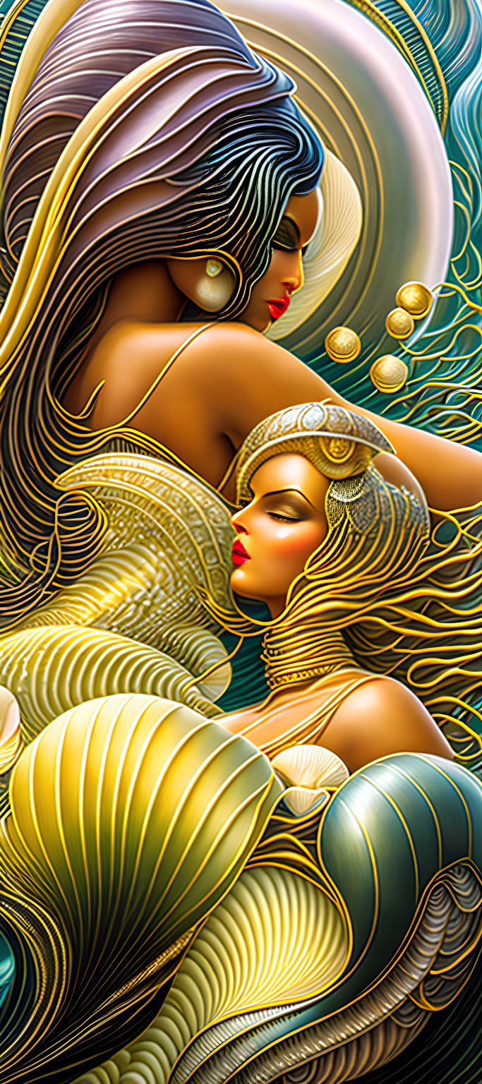 Stylized women with flowing hair in surreal wave pattern