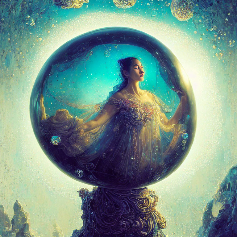 Woman in flowing dress encapsulated in translucent bubble against whimsical blue and gold backdrop