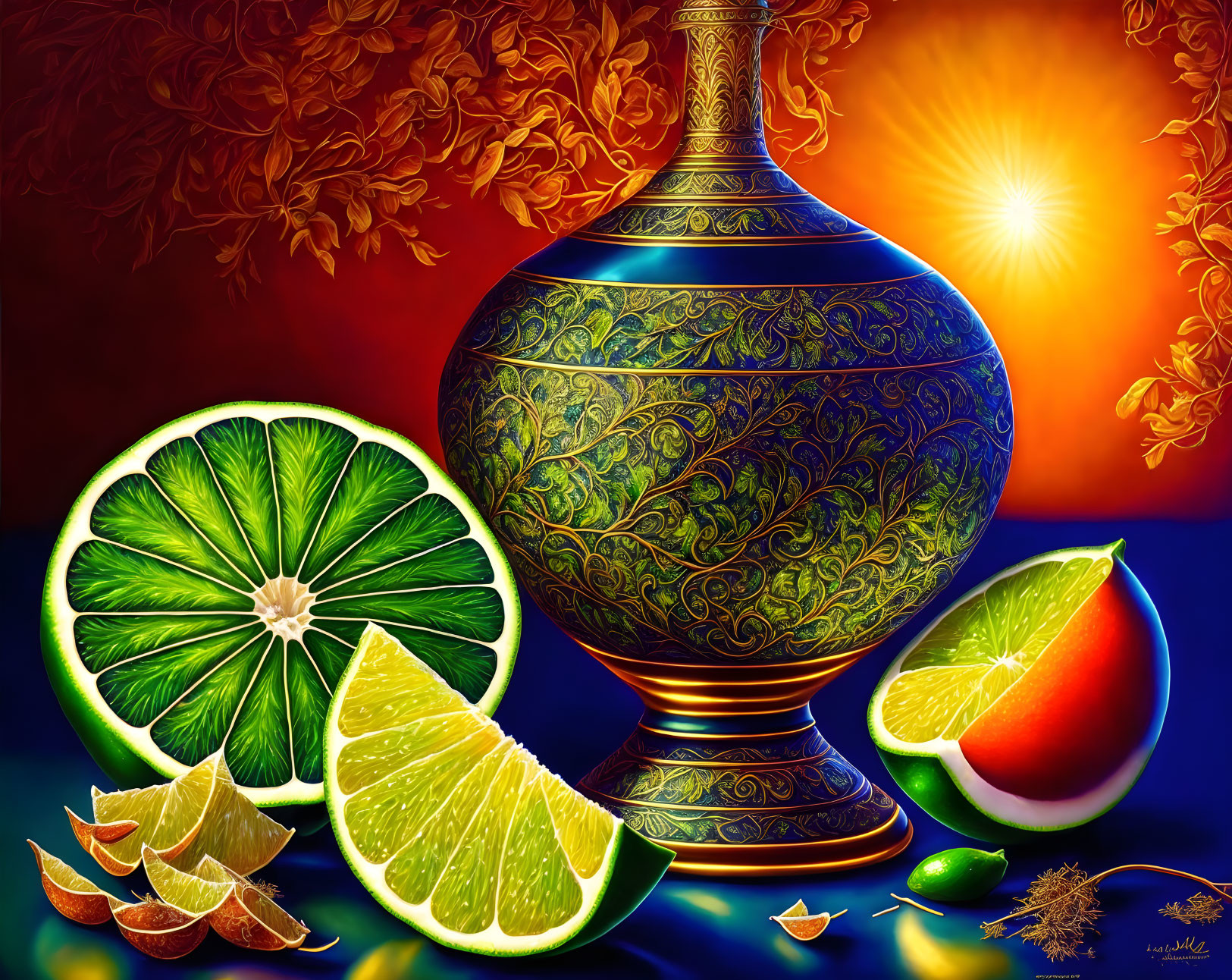 Colorful Still Life with Decorative Vase and Fresh Fruits on Warm Background