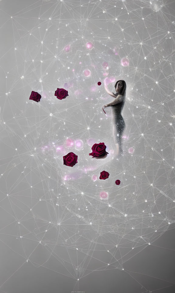 Fantasy-inspired digital art with woman, constellation lines, pink bubbles, and red roses