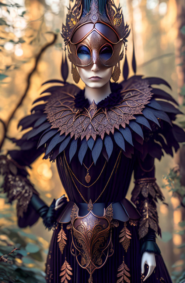 Person in Dark Costume with Feathered Shoulders and Mask in Golden Wooded Setting