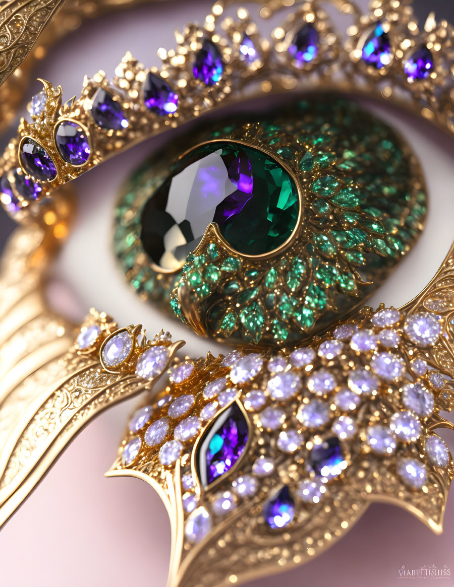 Golden Mask with Emerald, Purple Stones, and Pearls on Pink Background