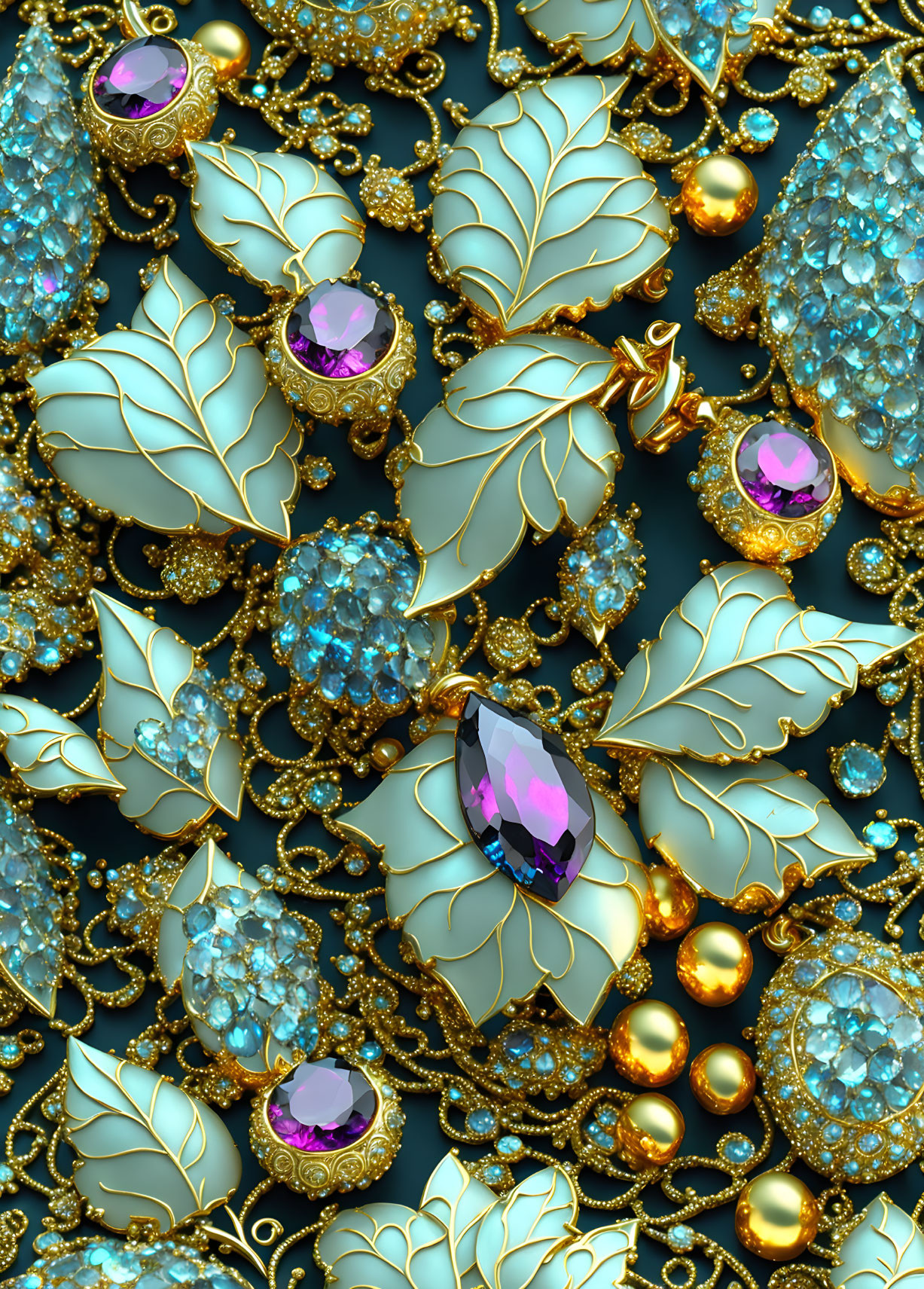 Gold Leaf Design Jewelry with Blue Gemstones and Purple Accents on Dark Background