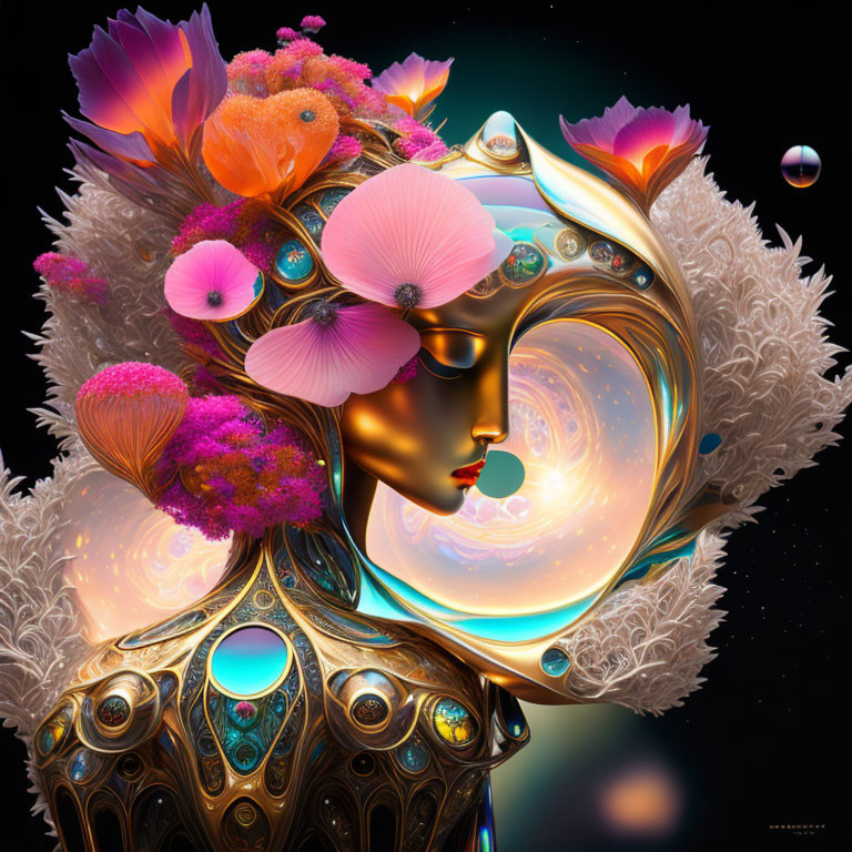 Golden female figure with ornate headdress in surreal digital artwork