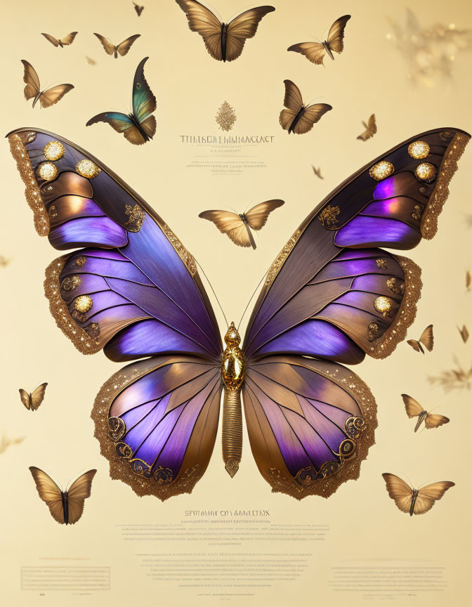 Luxurious Butterfly Illustration with Purple Wings and Golden Ornaments