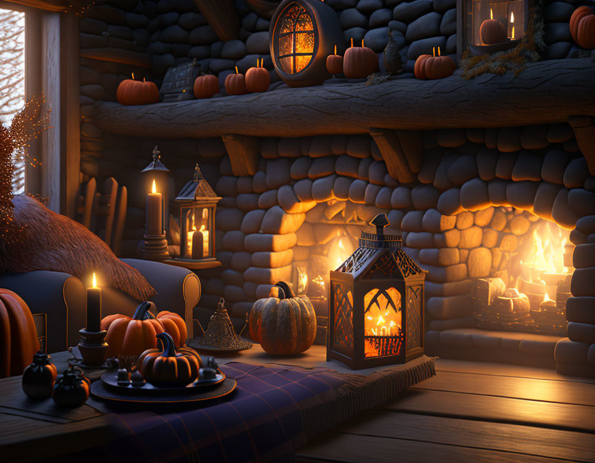 Autumn log cabin interior with candles, pumpkins, lanterns, and fireplace.