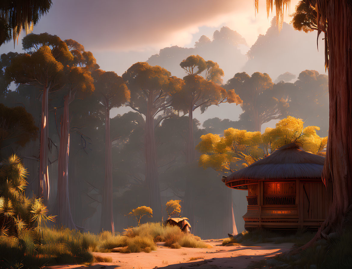 Sunrise forest scene with tall trees, thatched hut, and golden light.