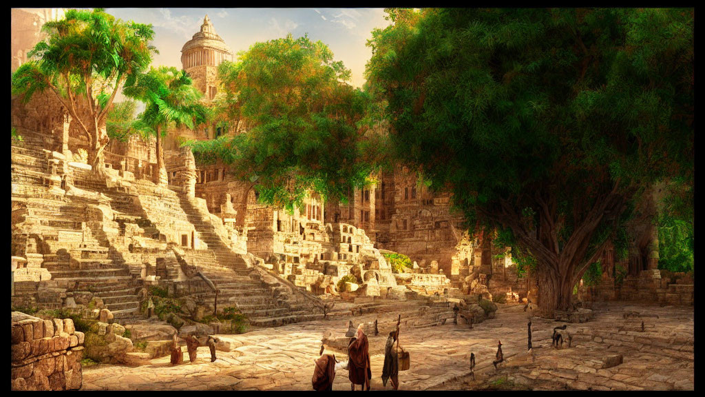 Sunlit stone city with grand staircases, lush trees, figures in robes, and animals amidst ruins