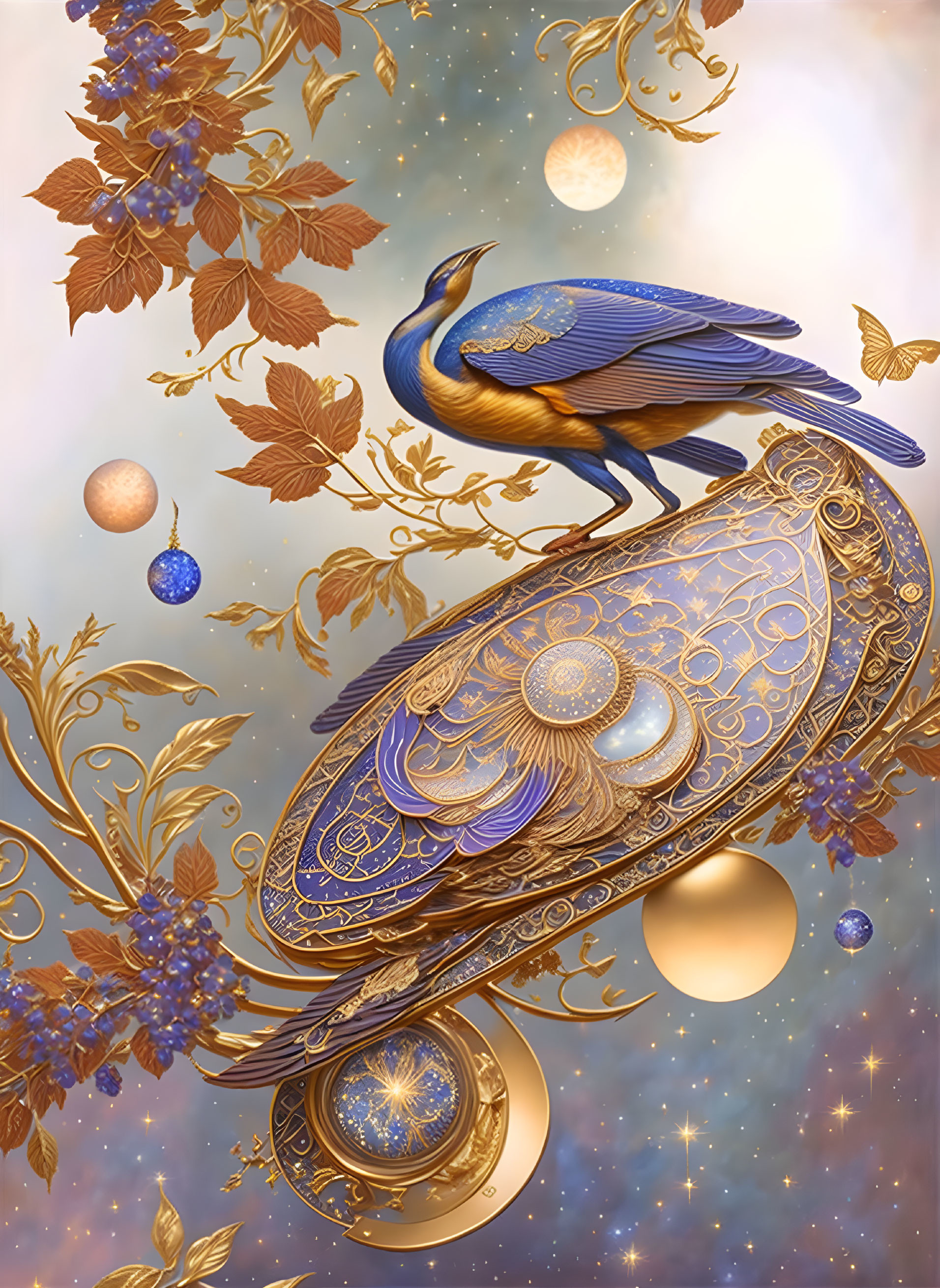 Blue bird on celestial clock with golden leaves and stars in dreamy sky