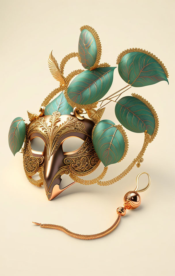 Golden Masquerade Mask with Leaf Motifs and Filigree on Creamy Background