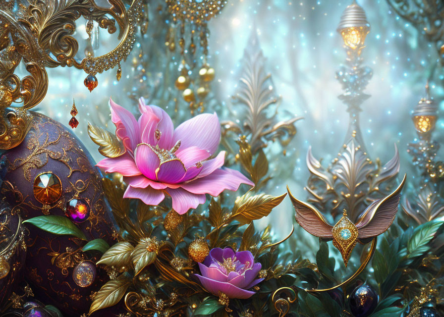 Fantasy scene with golden elements, pink lotus, lanterns, and shimmering light.