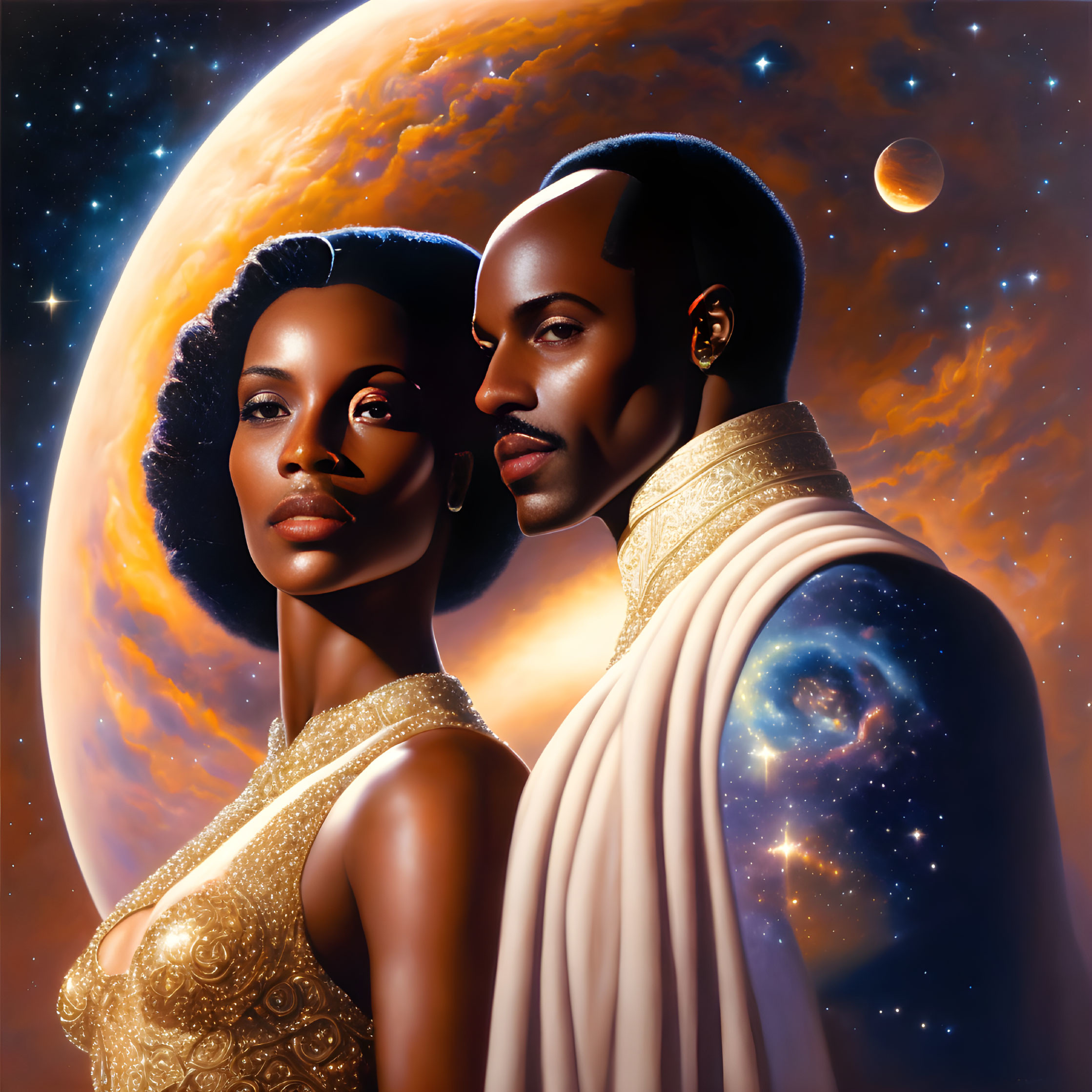 Stylized portrait featuring man and woman with cosmic elements