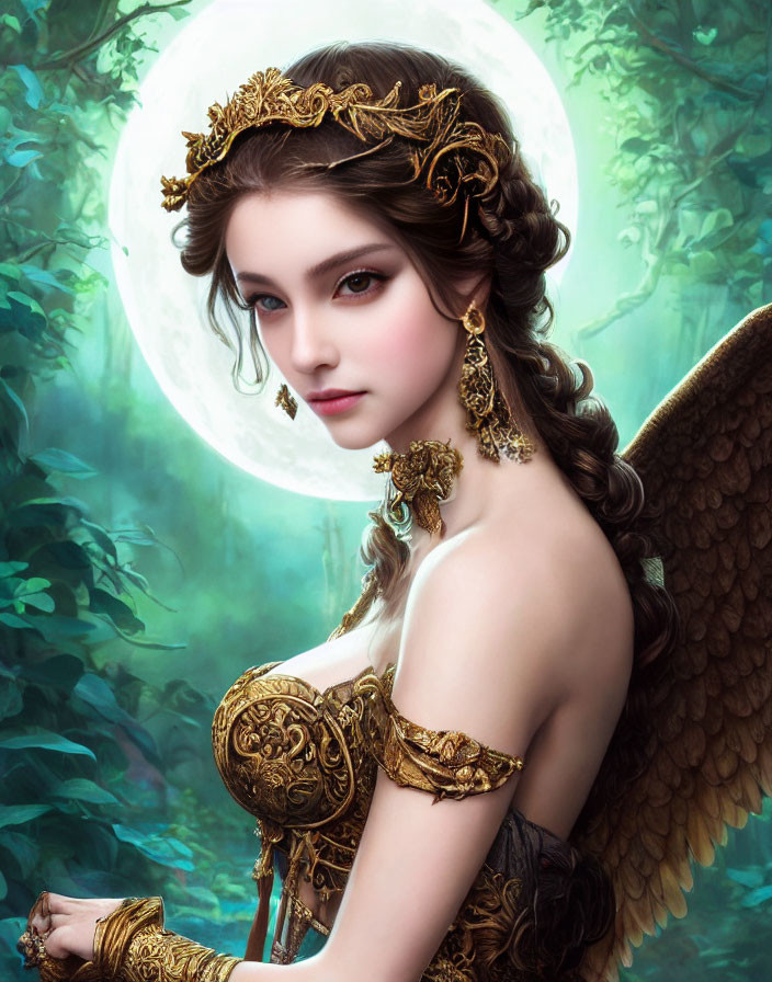 Golden tiara, ornate jewelry, feathered wings young woman in mystical forest