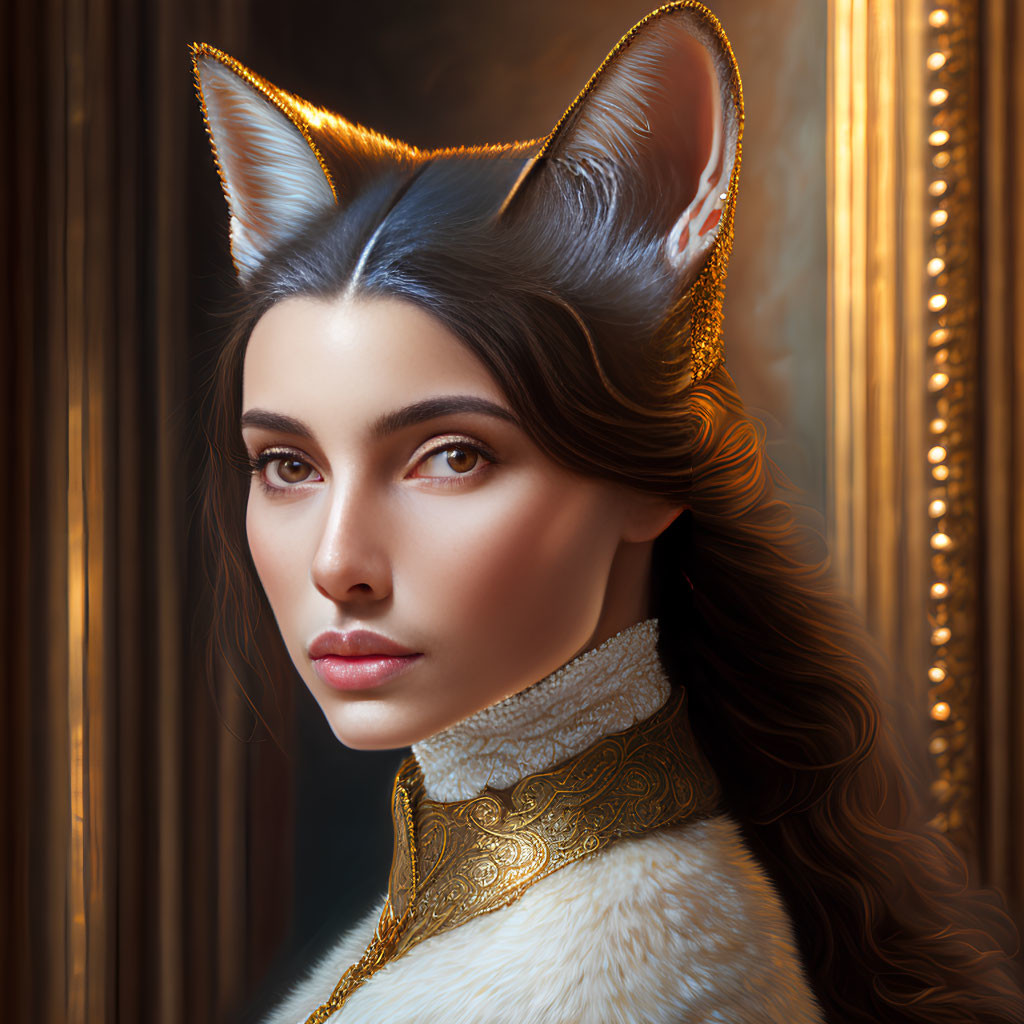 Fantasy portrait of woman with fox-like ears and golden hair