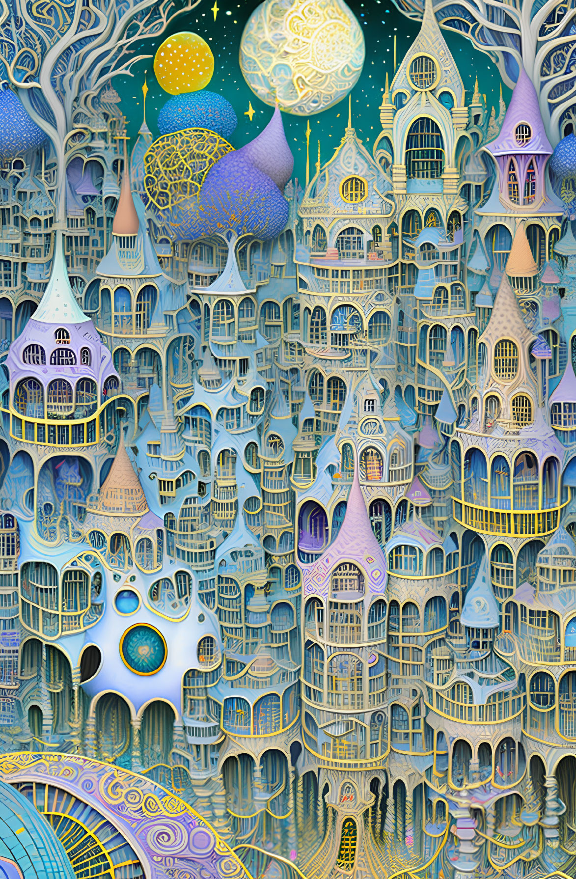 Surreal fantasy cityscape with whimsical architecture & celestial orbs