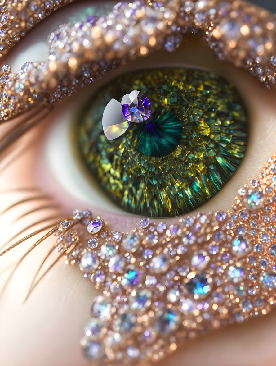 Detailed close-up of eye with jewel-like iris and gem-studded eyelashes.