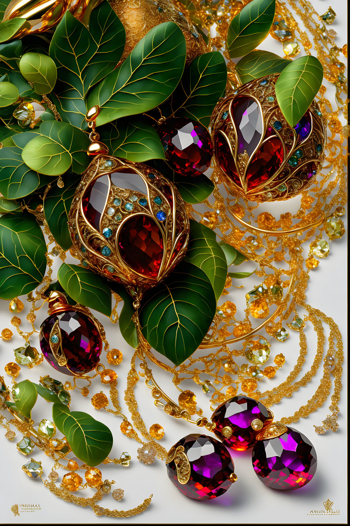 Golden jewel-encrusted ornaments with red gemstones on reflective surface