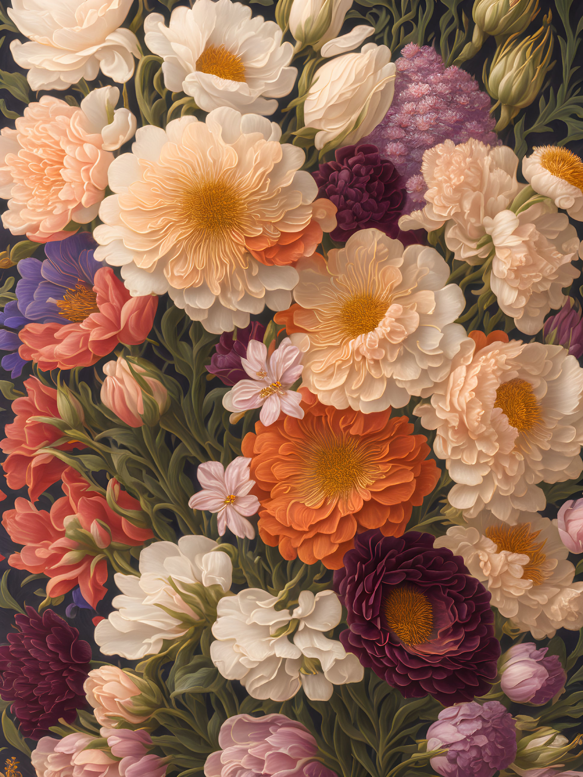 Colorful Floral Painting of White, Orange, and Purple Peonies